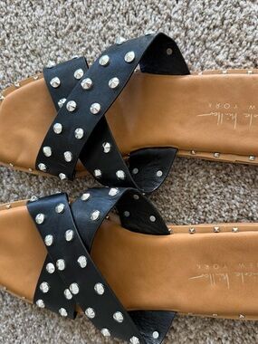 Nicole Miller Black Studded Crisscross Slide Sandals